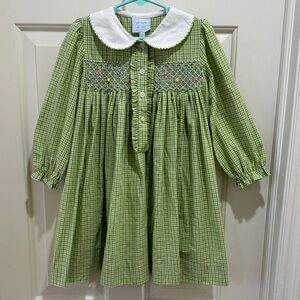 Green Checkered Dress smocking with White Collar